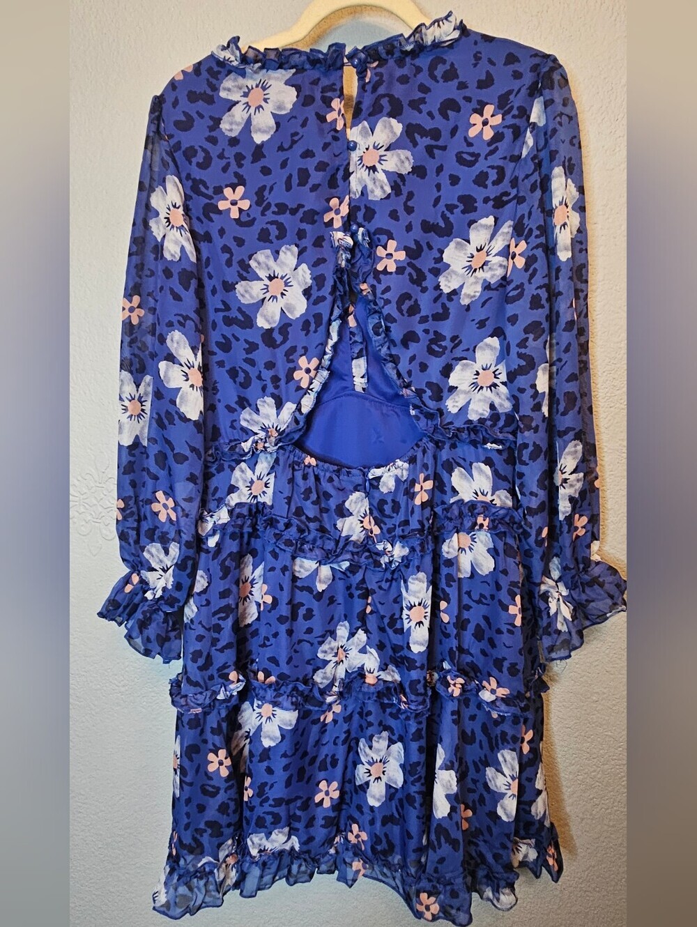 NWT XL Blue Floral Leopard Ruffle Tiered Open Back Dress - Picture 3 of 10